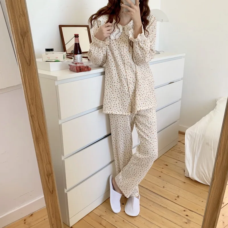 Chique tweedelige pak bloemen afdrukken nachtkleding zoete zachte casual homewear losse mode thuis pyjama sets 210525