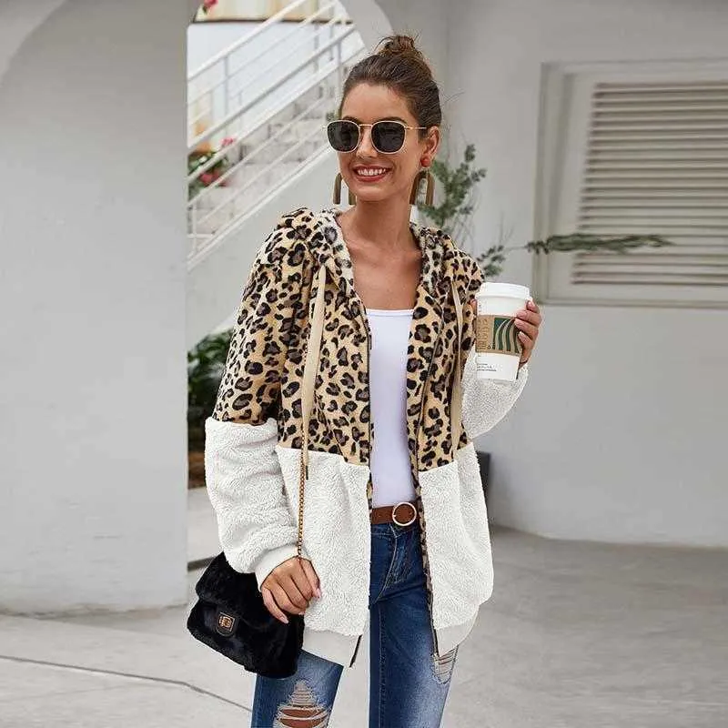 Jesień Faux Fur Coat Kobiety Leopard Teddy Coat Damskie Pluszowe Z Kapturem Płaszcz Zimowy Kobiety Puszyste Futro Teddy Kurtka Kobieta 211019