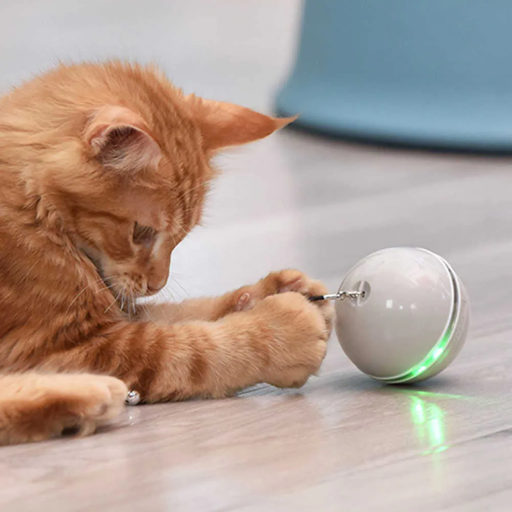 Intelligent Interactive Cat Toy Self Roterende Bal met LED USB Opladen Automatische Kitten Feather Toys ABS Materiaal Pet Supplies 210929