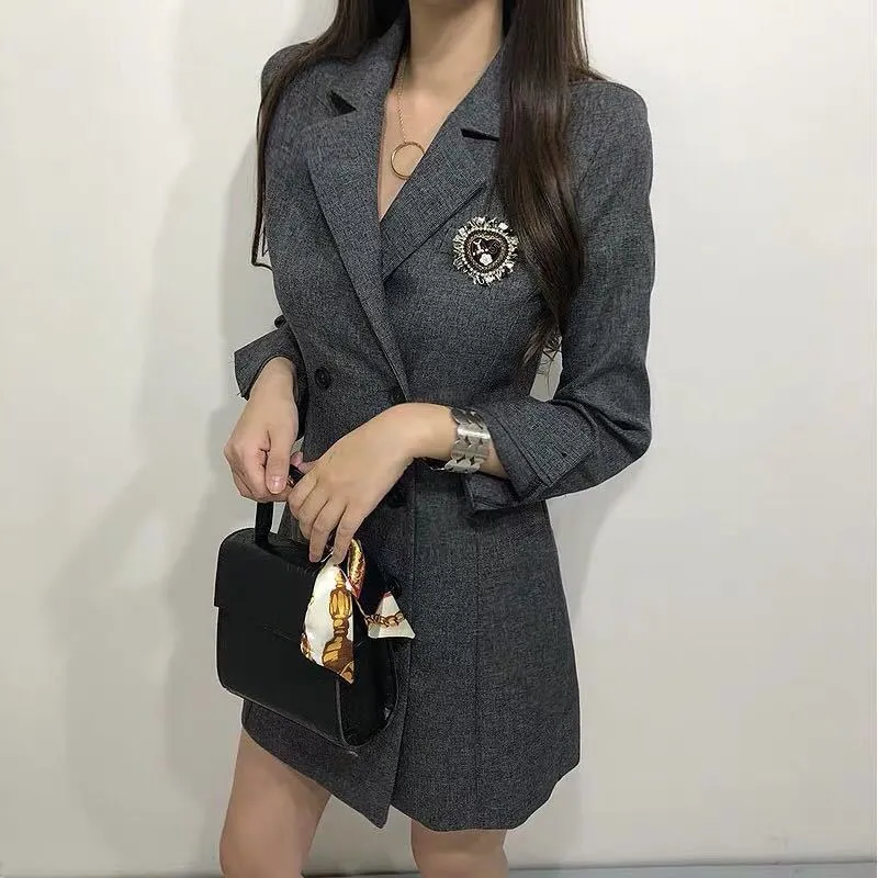 Koreanischen Stil Frauen Vintage Zweireiher Anzug Kragen Langarm Dunkelgrau S-XL Schlank Solide für Weibliche Baumwolle Ankunft 210416
