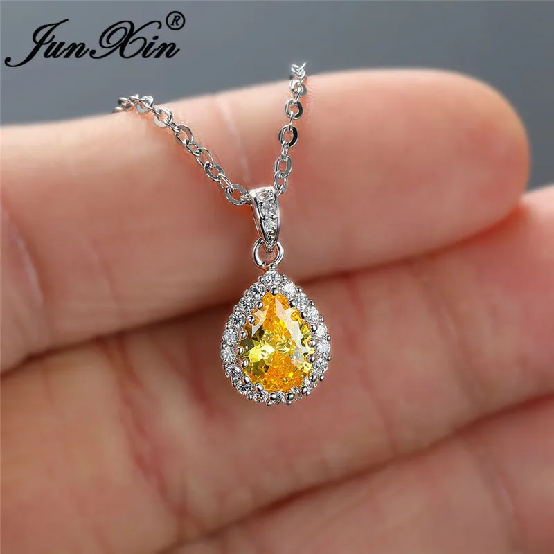 Multicolor Crystal Water Drop Stone Pendant Green Red Blue Zircon Necklaces For Women White Gold Colorful Pear Cz Wedding Choker Y0301