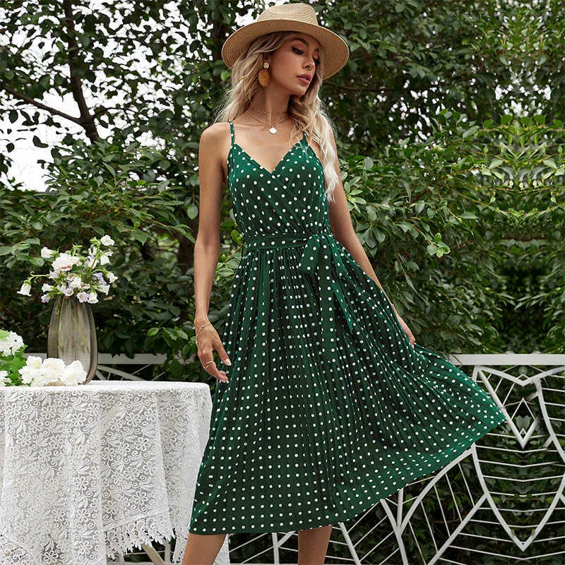 Polka Dot Sexy Summer Beach Dress Femmes Spaghetti Strap Col En V Ceintures Moyennes Robes Longues Sans Manches Vaction Vacances Robe 210625