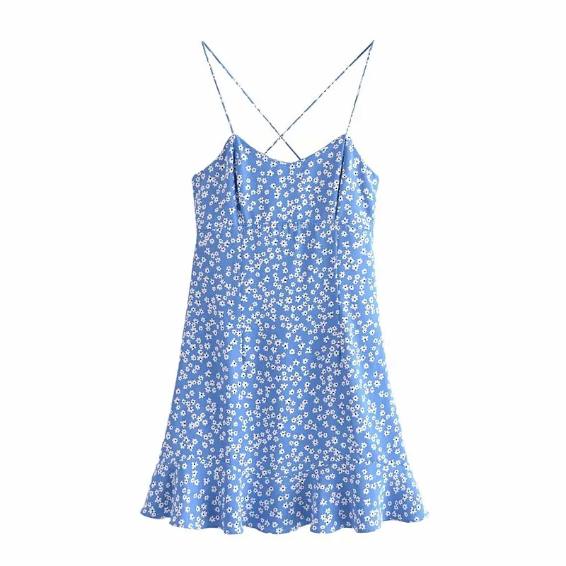 Klänning kvinnor blå blommig kort es kvinna sommar mode ruffle glida mini sexig semester beach sundress 210519