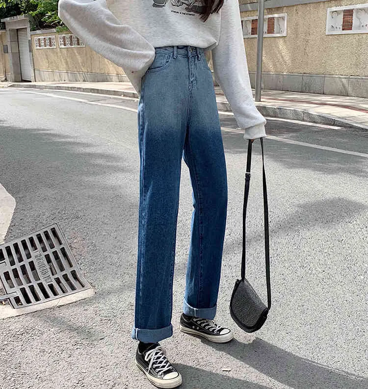 vår höst koreanska stil lösa kvinnor denim byxor casual gradient hög midja jeans kvinnor rakt lång byxa F8065 ​​210423