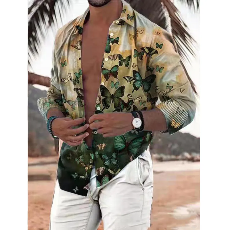 男性のシャツの春の夏のヴィンテージのプリント長袖の薄いボタン模様の模様の緩いシャツ220312