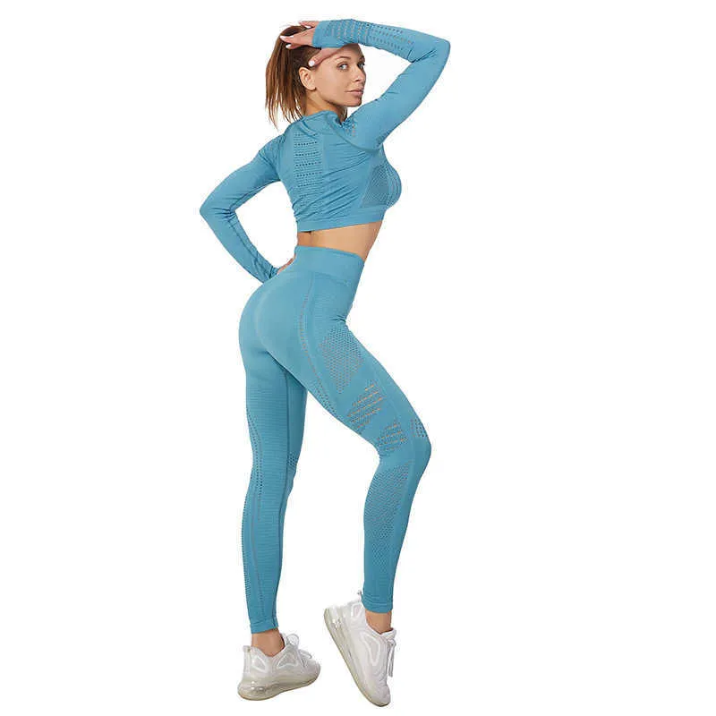 Damska odzież sportowa Joga Zestaw Gym Trening Ubrania Z Długim Rękawem Fitness Crop Top High Paist Energy Bez Szwu Multicolor Spodnie 210802