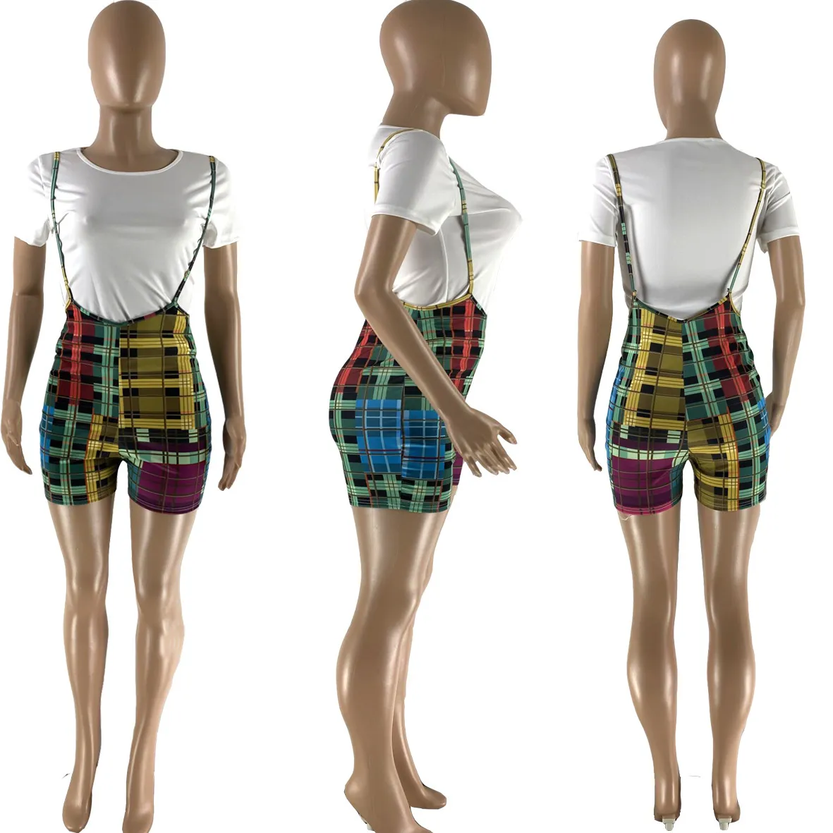 Kvinnor Tvådelt Jumpsuit Set Spring and Summer Positioning Printing Sling Color Matching Plaid Shorts + White T-Shirt Kort ärmdräkter