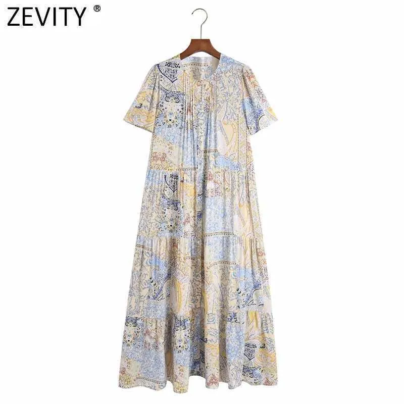 Zevity Women Vintage Rękaw Puff Press Plised Piersed Casual Midi Dress Sukienka Samica Patchwork Drukowanie Vestido Dresses DS8217 210603