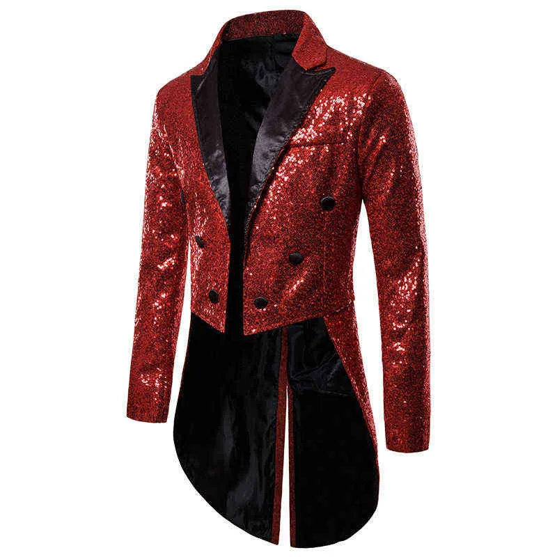 Shiny Gold Sequins Glitter Tailcoat Suit Jacket Male Double Breasted Wedding Groom Tuxedo Blazer Men Party Stage Prom Costume 211120