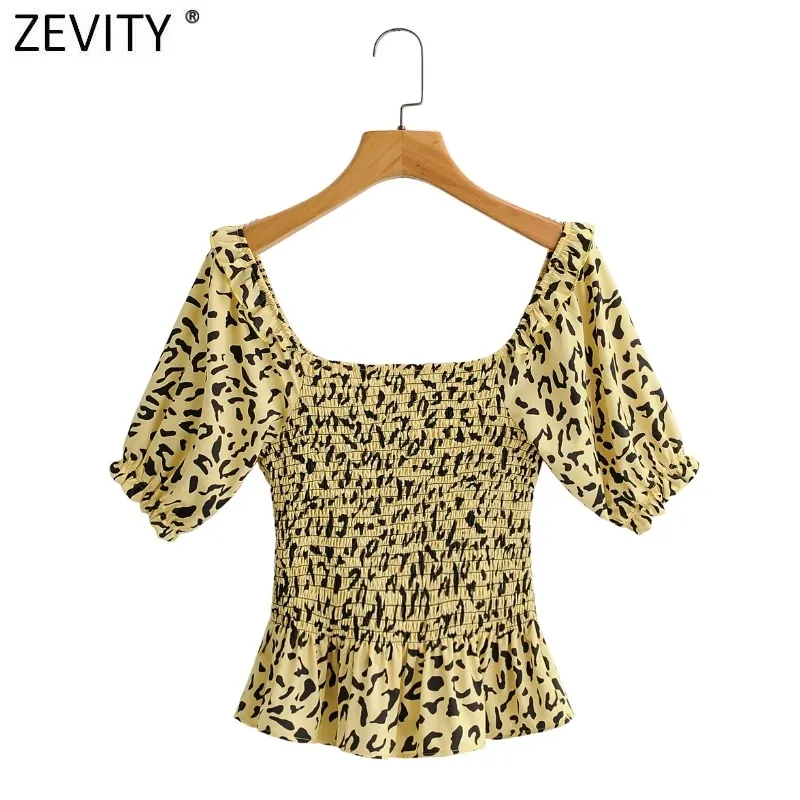 Frauen Vintage Quadrat Kragen Leopard Print Elastische Kittel Bluse Weibliche Puff Hülse Dünnes Hemd Chic Blusas Tops LS7646 210420