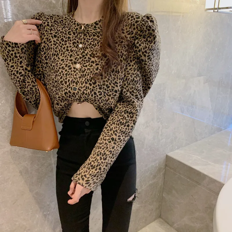 Ezgaga Leopard женская блузка корейская мода зимний весна свободно винтажный длинный слойный рукав пуловер уличная одежда женская рубашка blusas 210430
