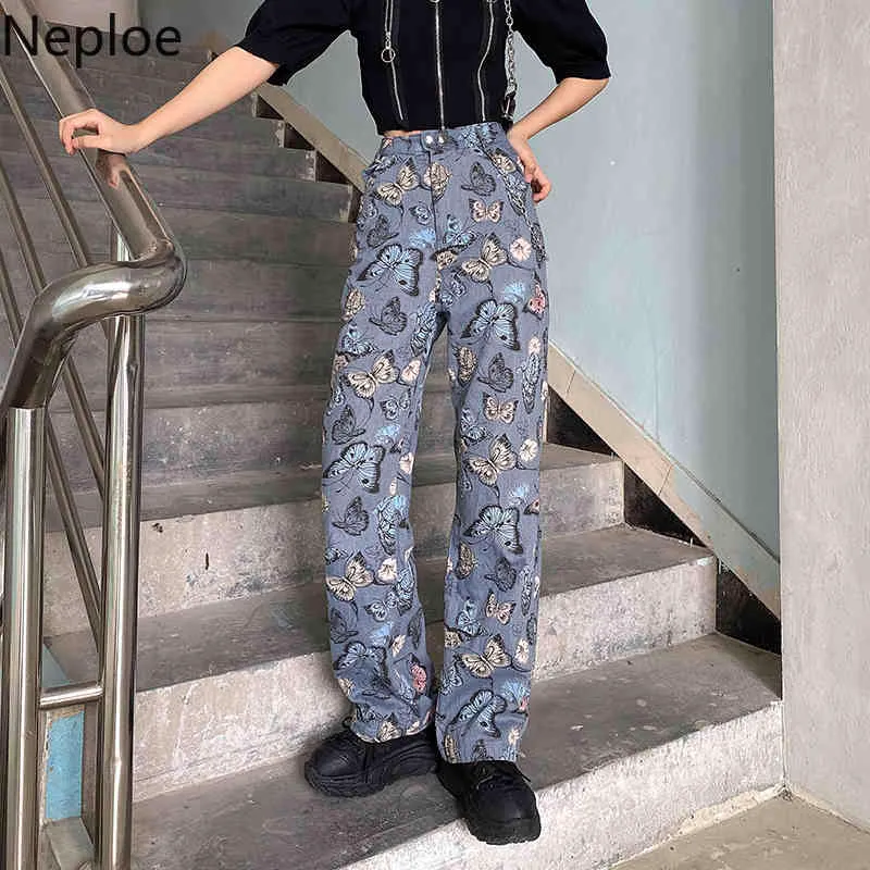 Neploe Jeans pour femmes Harajuku Papillon Imprimer Vintage Pantalon Lâche Droite Large Jambe Pantalon Streetwear Coréen Pantalon 95292 210422