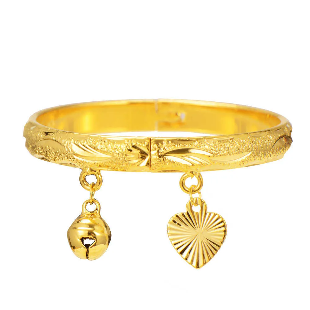 24k Baby Bangles Cor ouro étnica Dubai Bangles Kids Bracelet Bell Pulseira de Ouro Bracelete Bracelete Criança Jóias Presente de Aniversário q0717