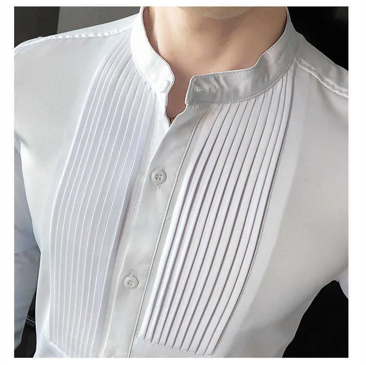 Men Tuxedo Shirts Front Pleated Small Stand Collar Solid Long Sleeve Blouse Male Gentleman Party Wedding Dress Slim Fit TOPS 210626