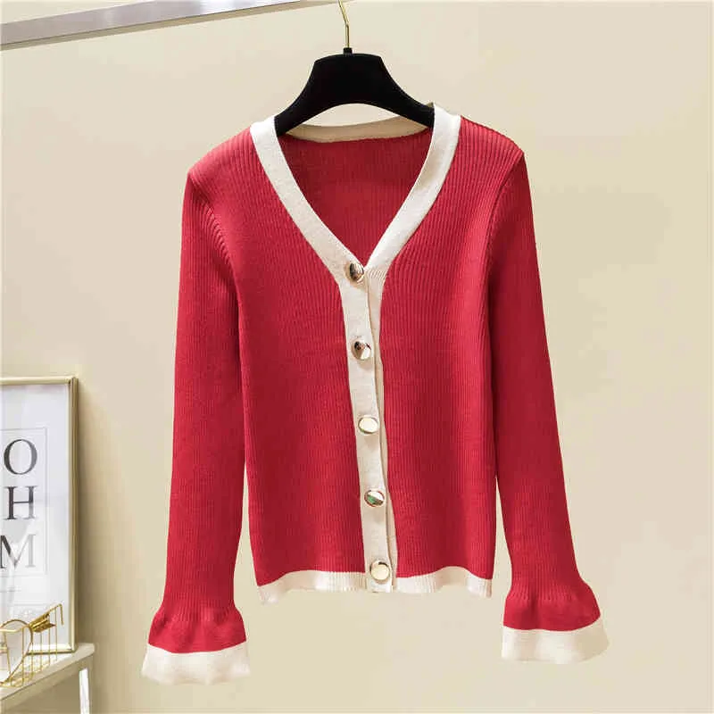 Cardigan con scollo a V Donna Autunno manica svasata Maglioni dolci monopetto All Match Casual Sueter Mujer 17382 210415