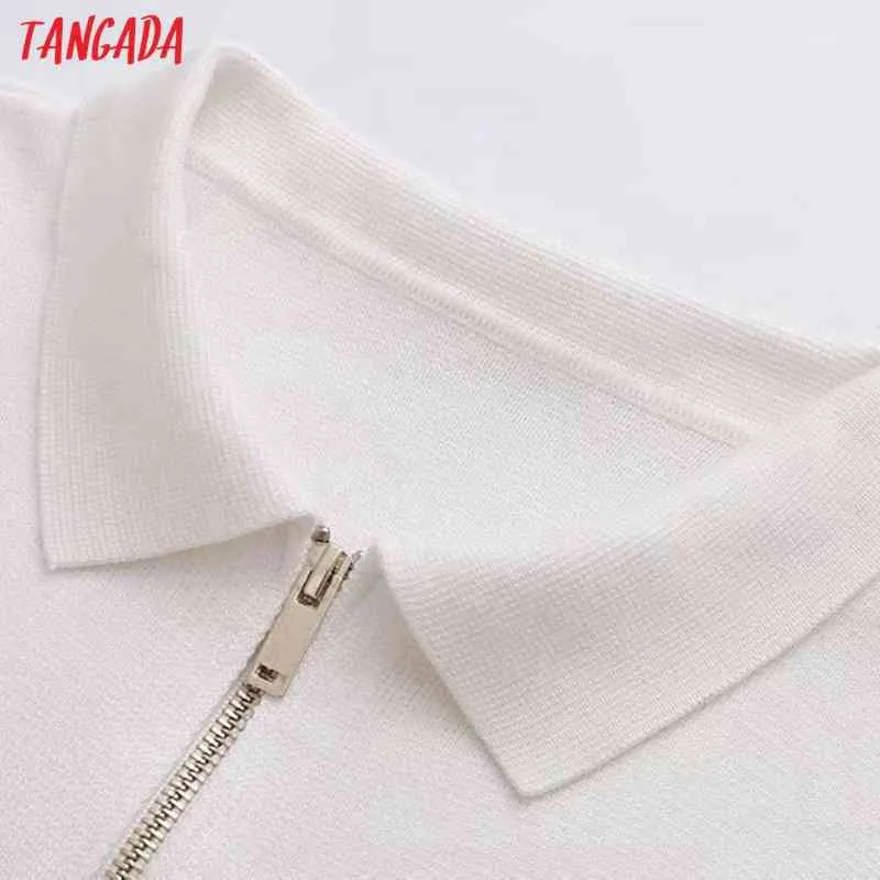 Mujeres verano moda elegante blanco punto suéter jumper cremallera manga corta jerseys chic tops 6h41 210416