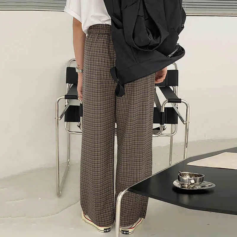 IEFB Koreaanse plaid hoge taille casual broek voor mannen lente zomer vintage brede been causale broek elastische bodems 9Y7416 210524