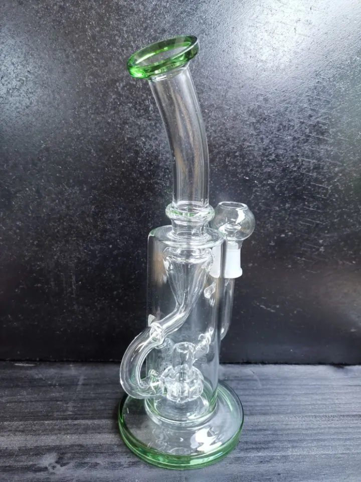 Bong 9.5 Inch tall oil burner dab rig glass oil rigs recycler smoking water pipe clear green joint size 14.4mm glass recycler oil rig cheechshop selling