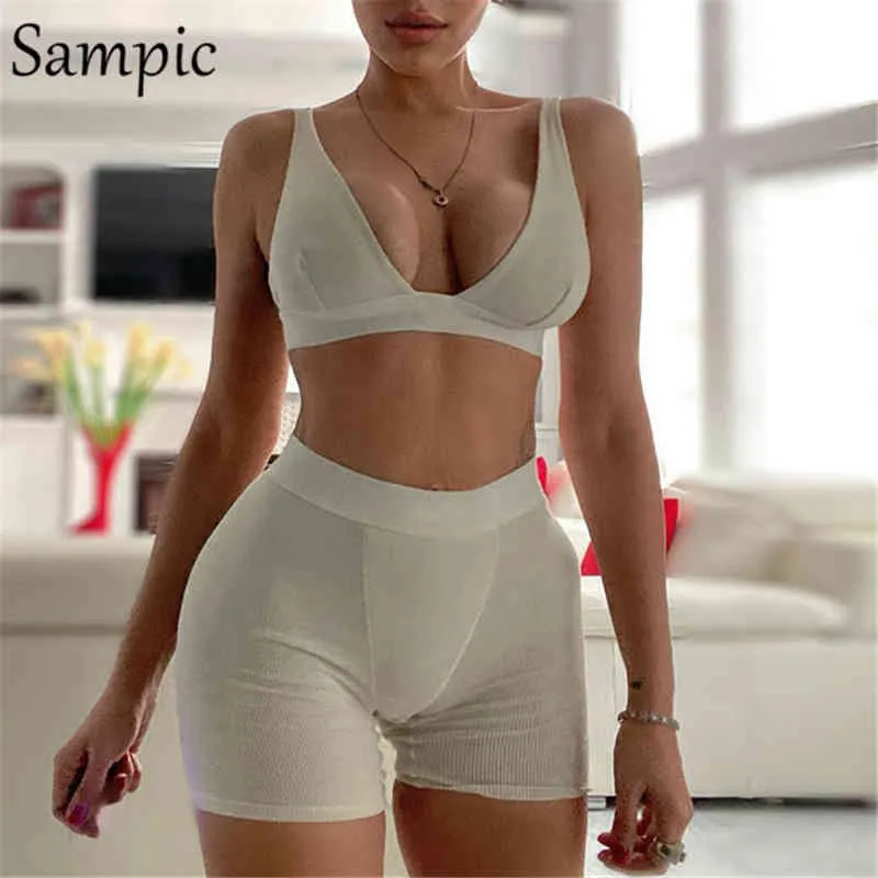 Sampic Sexy Women Summer Set V Neck Sem Mangas Sport Tops e Bodycon Skinny Biker Shorts Dois peça Set Outfits Outfits Suit 2020 x0428