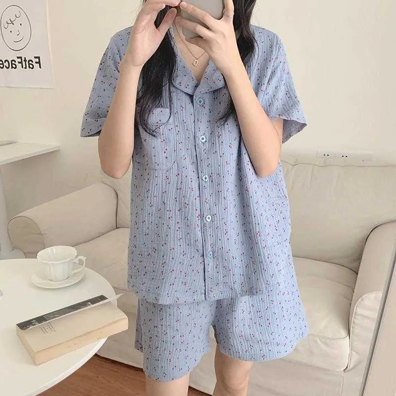 Qweek Cotton Pajamasの女の子韓国のパジャマ夏のピジャマスチェリープリント寝室スウィートホームウェア半袖ナイトウェア210809