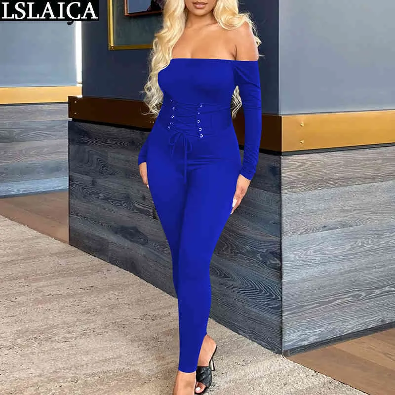 Body z długim rękawem Solid Kobiety Pajacyki Slash Neck Skinny Moda Kombinezon Jesień Seksowny Klub Plus Rozmiar Kombinezony 210520