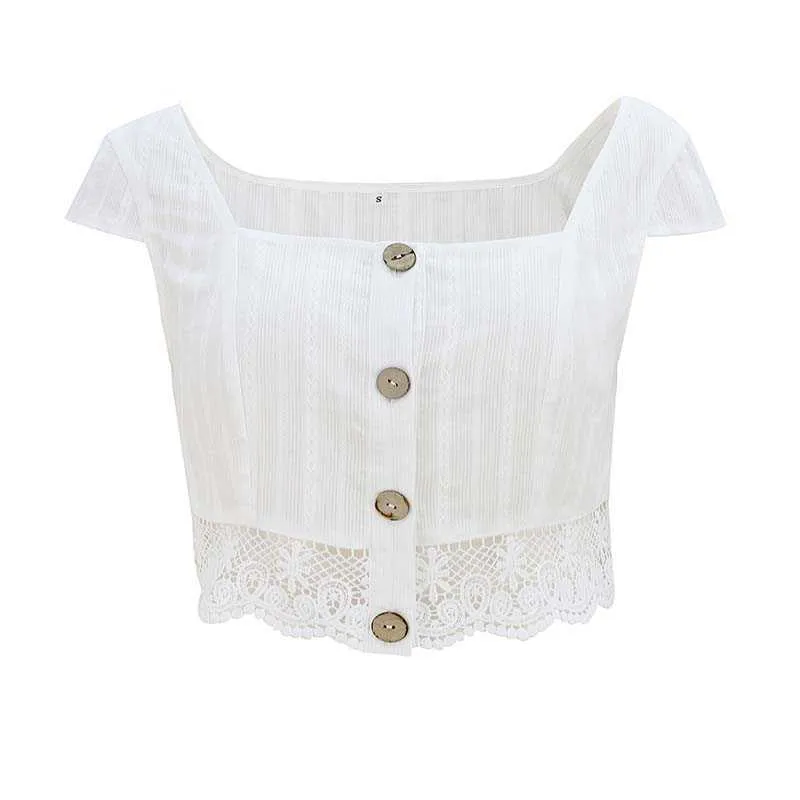 Elegant White Women Tank Top Square Collar Short Sleeve Lace Patchwork Button High Street Ladies Crop Tops W778 210526