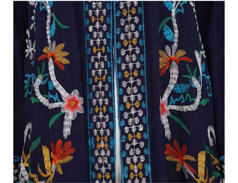 Cardigan kimono lungo con apertura frontale ricamata floreale Plus Size Tunica blu navy Camicie e camicette da donna Q11 210722