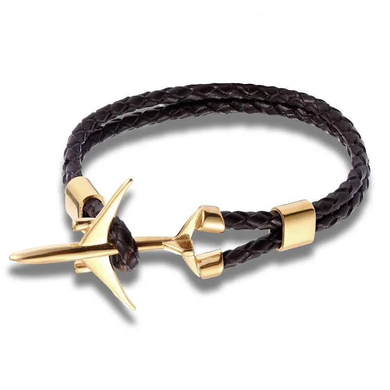 Fashion Gold Stainless Steel Anchor Airplane Bracelets With Vintage Genuine Leather Bracelet Men Women Homme Jewelry Charm218F