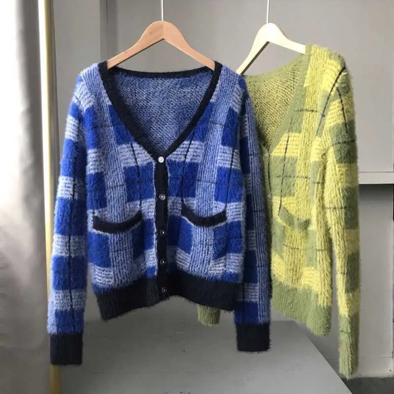 Vintage Sweter Mohair Kobiety Dzianiny Cardigans Harajuku Lazy Styl Ladies V-Neck Button Fuzzy Plaid Cardigan Fluffy Knitwear Top 211007