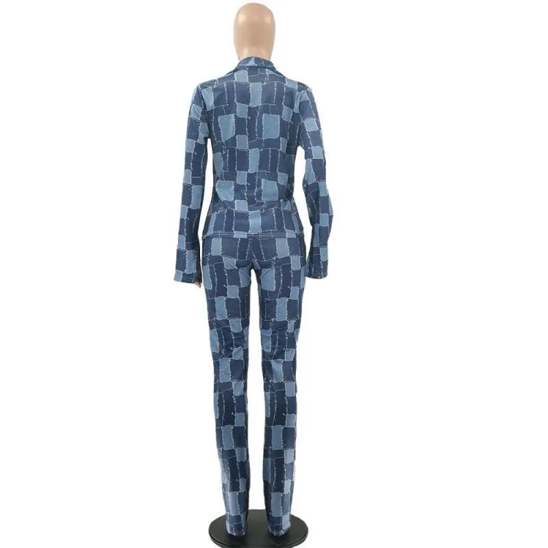Contraste azul patchwork denim 2 peças roupas para mulheres camisas de manga comprida blusas cintura alta empilhados leggings calças trabalho 210525