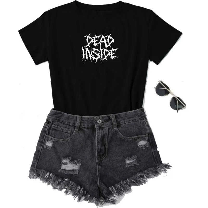 Lustige T-shirt Frauen Dead Inside Zitate Gothic Harajuku Ästhetische Grunge Stil Schwarz T-shirts Baumwolle Kurzarm Tops Goth Kleidung 210518