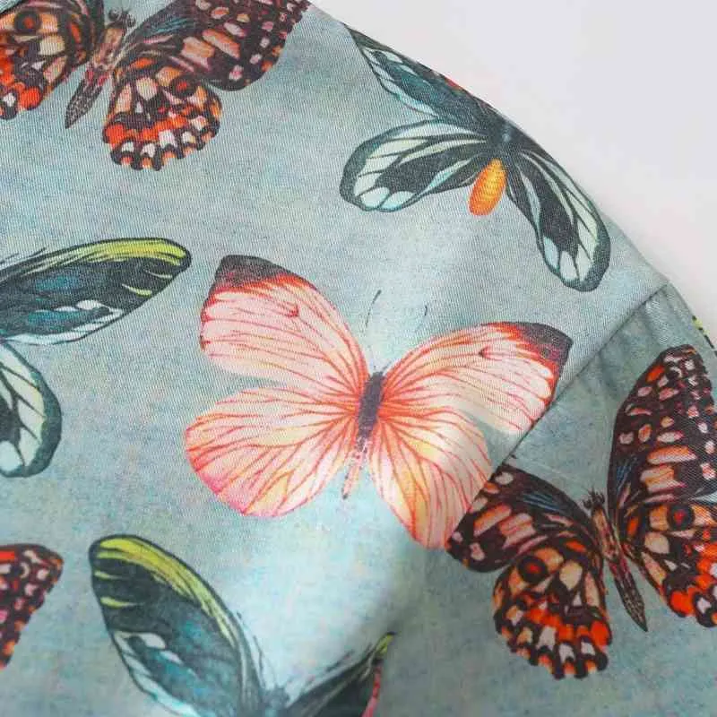夏の女性の蝶印刷スプライシングシャツ女性半袖ブラウスカジュアルな女性緩いトップスBlusas S8791 210430