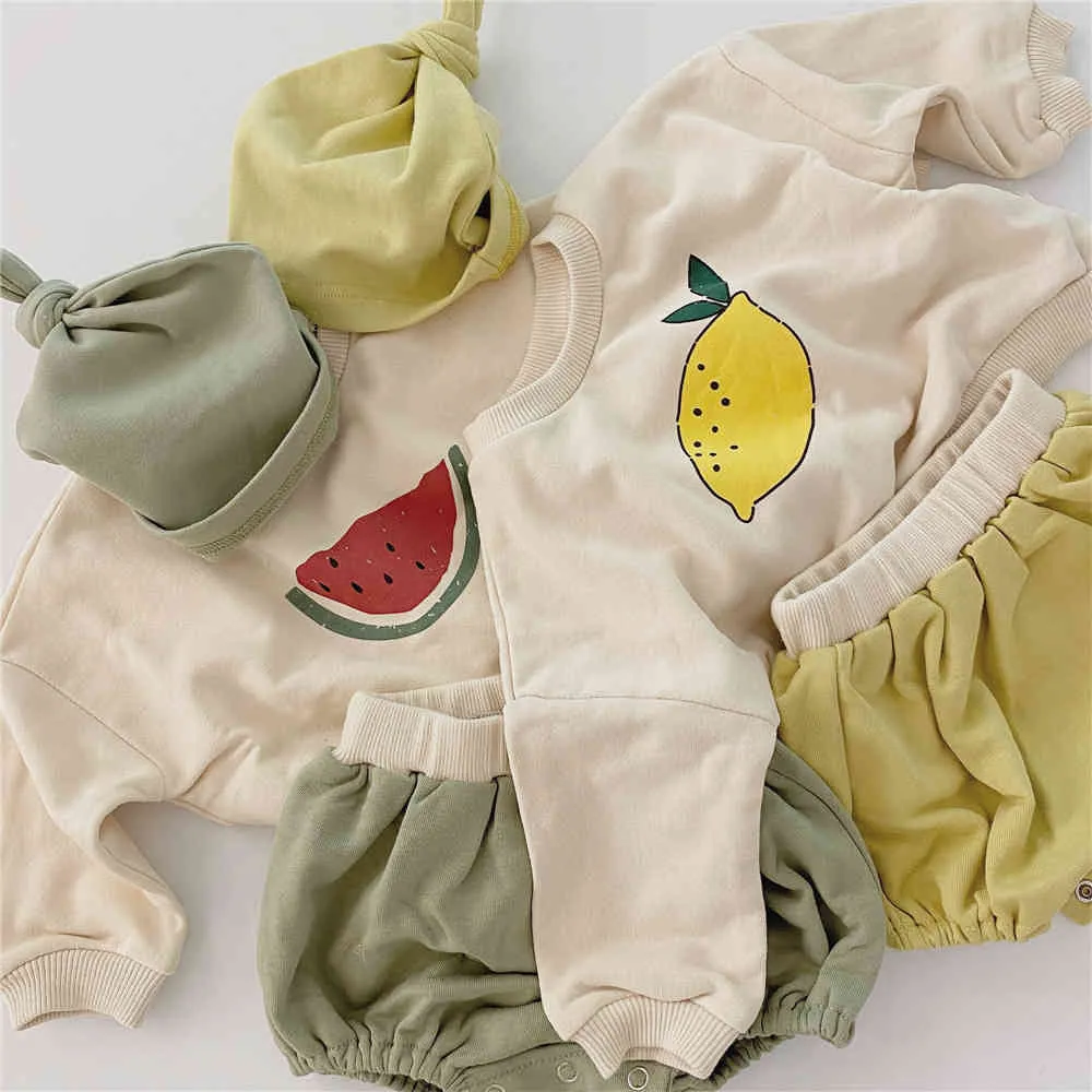 Caysterous 0-24m jesień noworodka baby boy dziewczyna casual bluza owoców druku z długim rękawem topy + szorty + kapelusz strój dzieci ubrania zestaw 210413  t