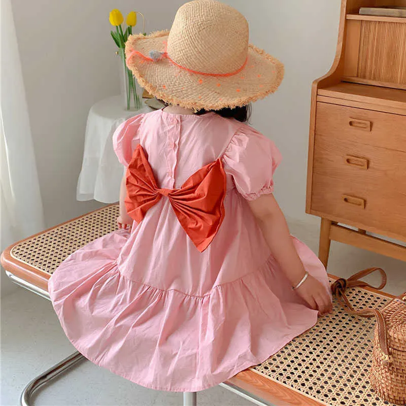 Summer Summer Girls 'Dress Puffy Rękawy Big Back Bow Cotton Cute Princess Baby Dzieci Dzieci Odzież Dla Dziewczyny 210625