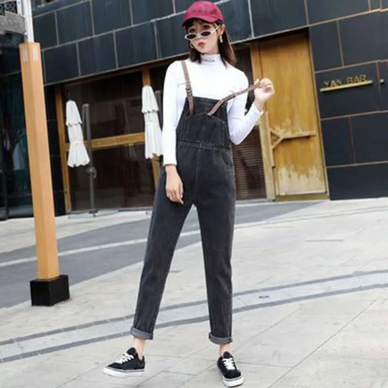 Salopette di jeans da donna Stile coreano Pantaloni larghi a vita alta Pantaloni casual Tasca con cinturino regolabile Tuta da donna Jeans Streetwear 210604