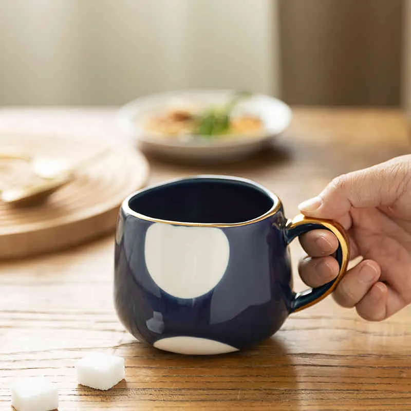 MDZFSWEETHOME 370 ml nordique créatif tasse à café en céramique maison eau marque de lait tasse or incrusté couple tasse vacances cadeau d'anniversaire 210409
