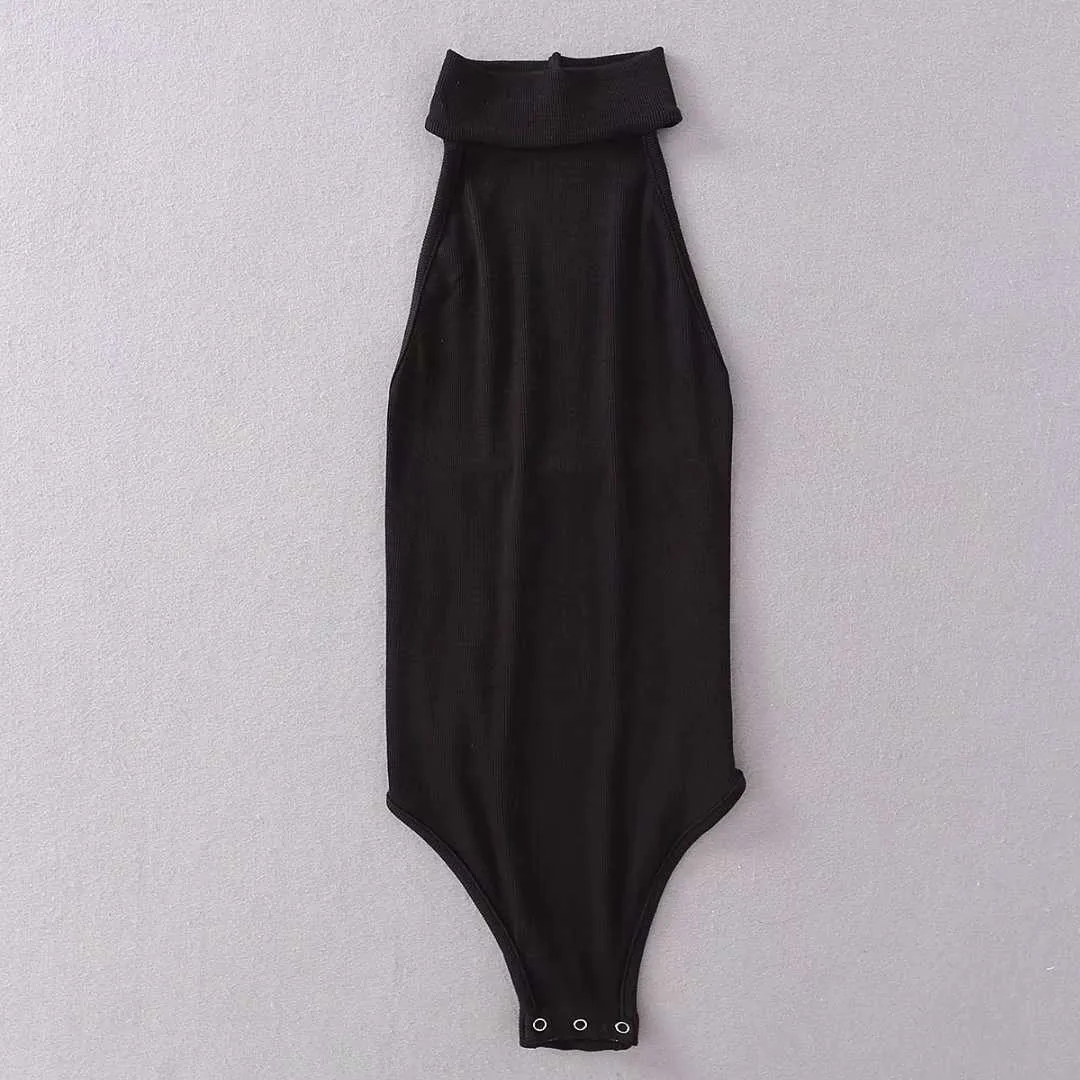 여름 섹시한 Turtleneck Bodysuit 여성 화이트 블랙 민소매 백리스 홀터 리브 바디 정장 여성용 streetwear 210728