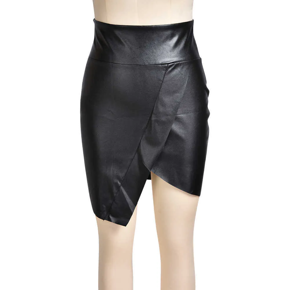 Black PU Leather Skirt Women Sexy High Waist Bodycon Surplice Wrap Office Ladies Asymmetrical Club Party D30 210629