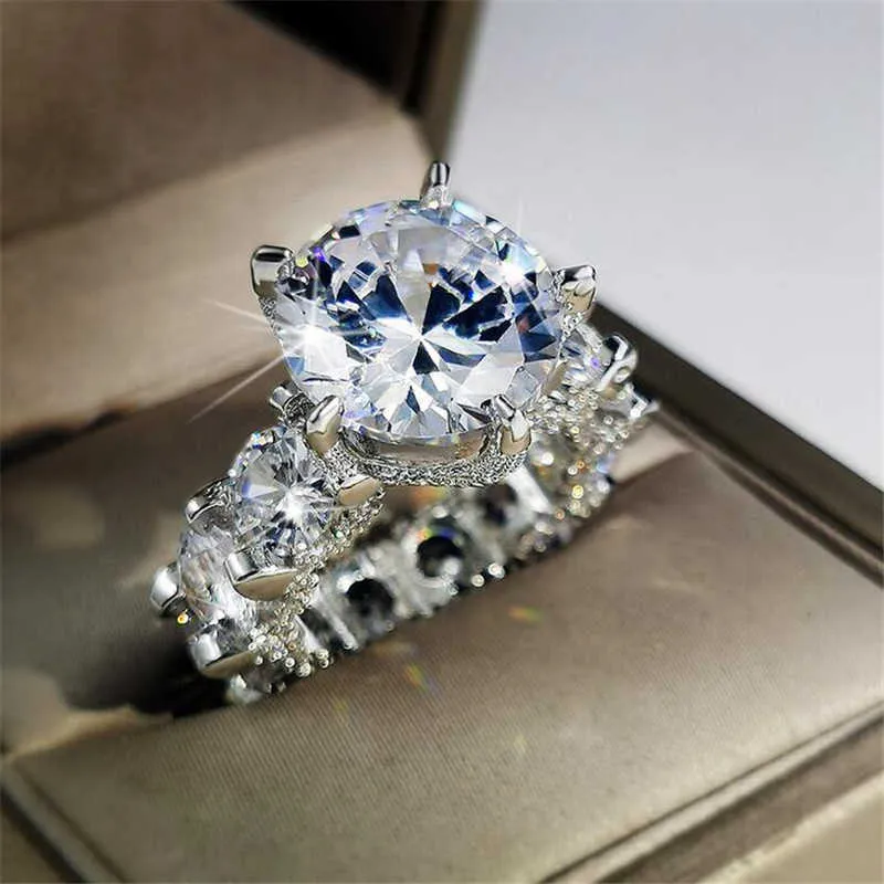 Cocktail mousseux bijoux de luxe en argent sterling 925 grande taille ronde topaze blanche CZ diamant promesse femmes alliance Ring232L