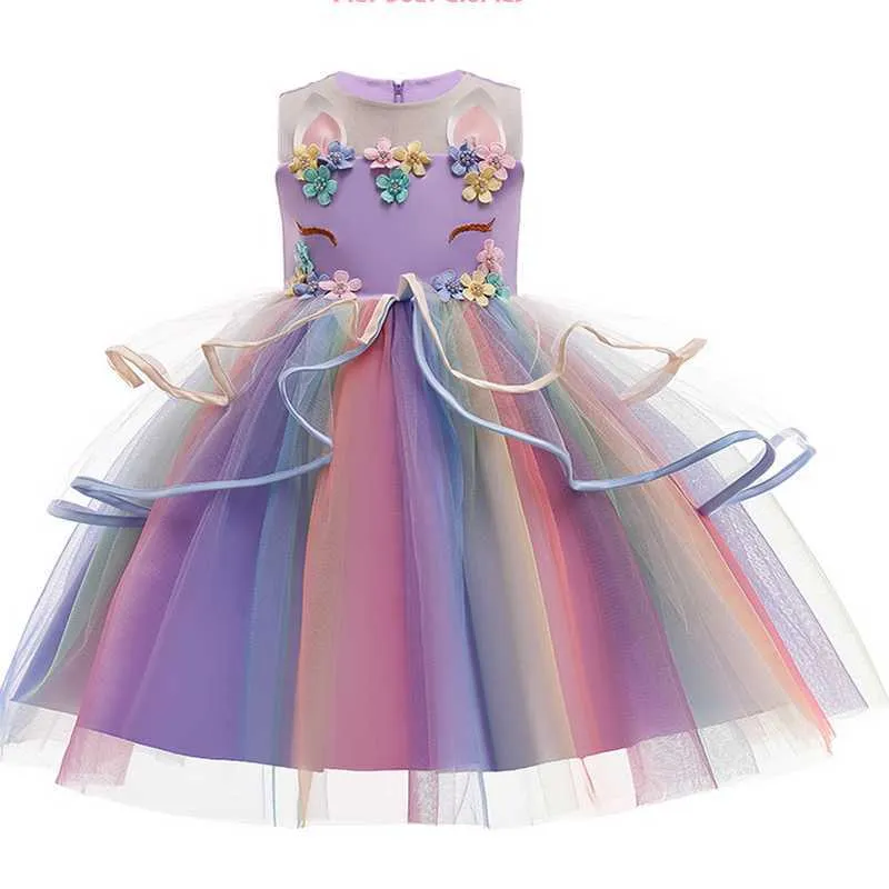Summer Teenager Girls Dresses Cartoon Unicorn Appliques Knee-length for Party Wedding Piano Perform Kids Clothes E0698 210610