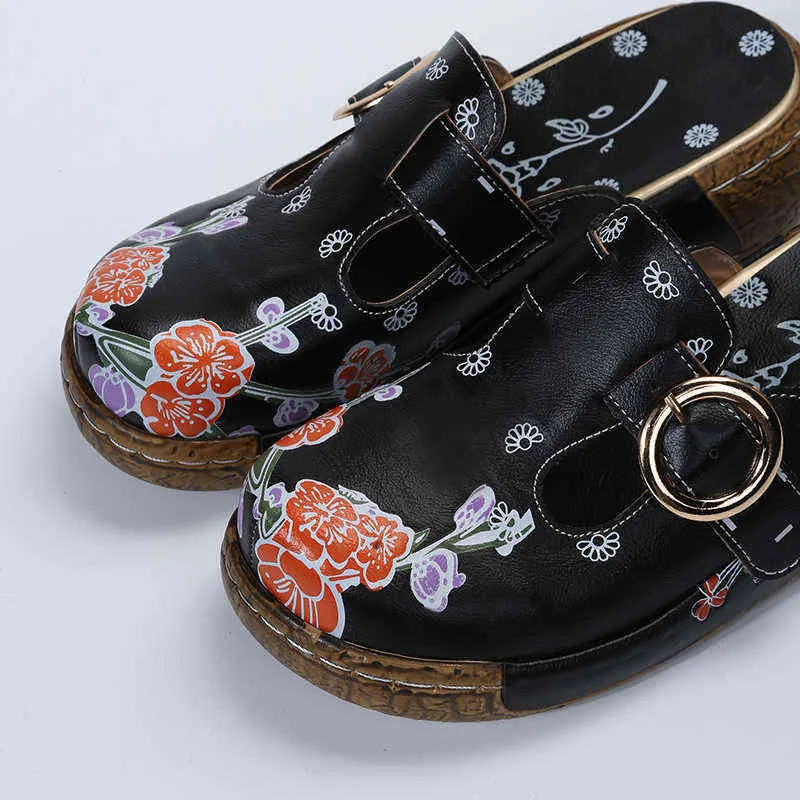 Tofflor Sommar Kvinnor Wedge Sandaler Box Toe Buckle Vintage Anti Slip Läder Casual Kvinna Platform Retro Shoes220308