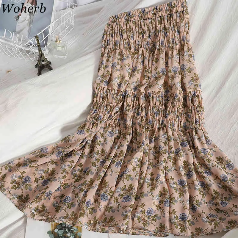 Vintage blommig tryckta veckade midi-långa kvinnor chiffong kjolar hög midja kvinnlig koreansk chic vår sommar 210519