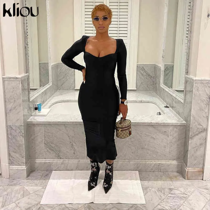 Kliou Sexy Elegant Maxi Dress Women Early Autumn Solid Sheath Slim Body-Shaping Cleavage Skirt Long Sleeve Square Collar Jurk Y1204