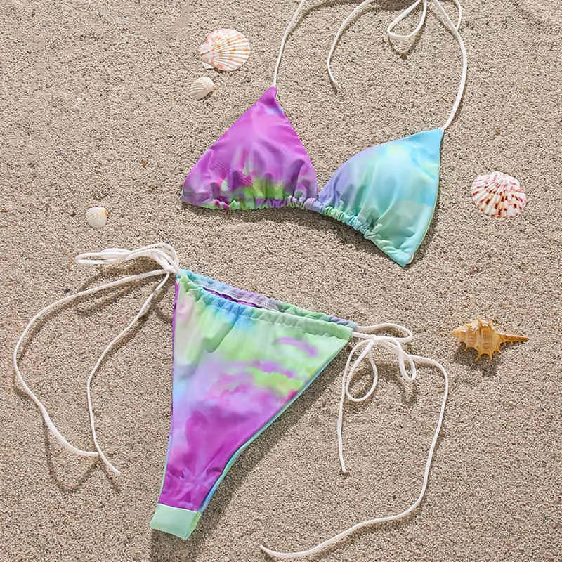 Tie-dye bikini Jupe 2 pièces maillot de bain femmes Triangle maillots de bain String licou maillot de bain Sexy micro biquini été 210414