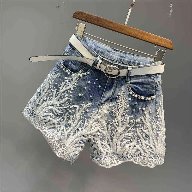 Summer Beads s Lace Flower Ladies Denim Shorts Women European High Waist Washed Pants Fashion Stretchy Jeans 211129