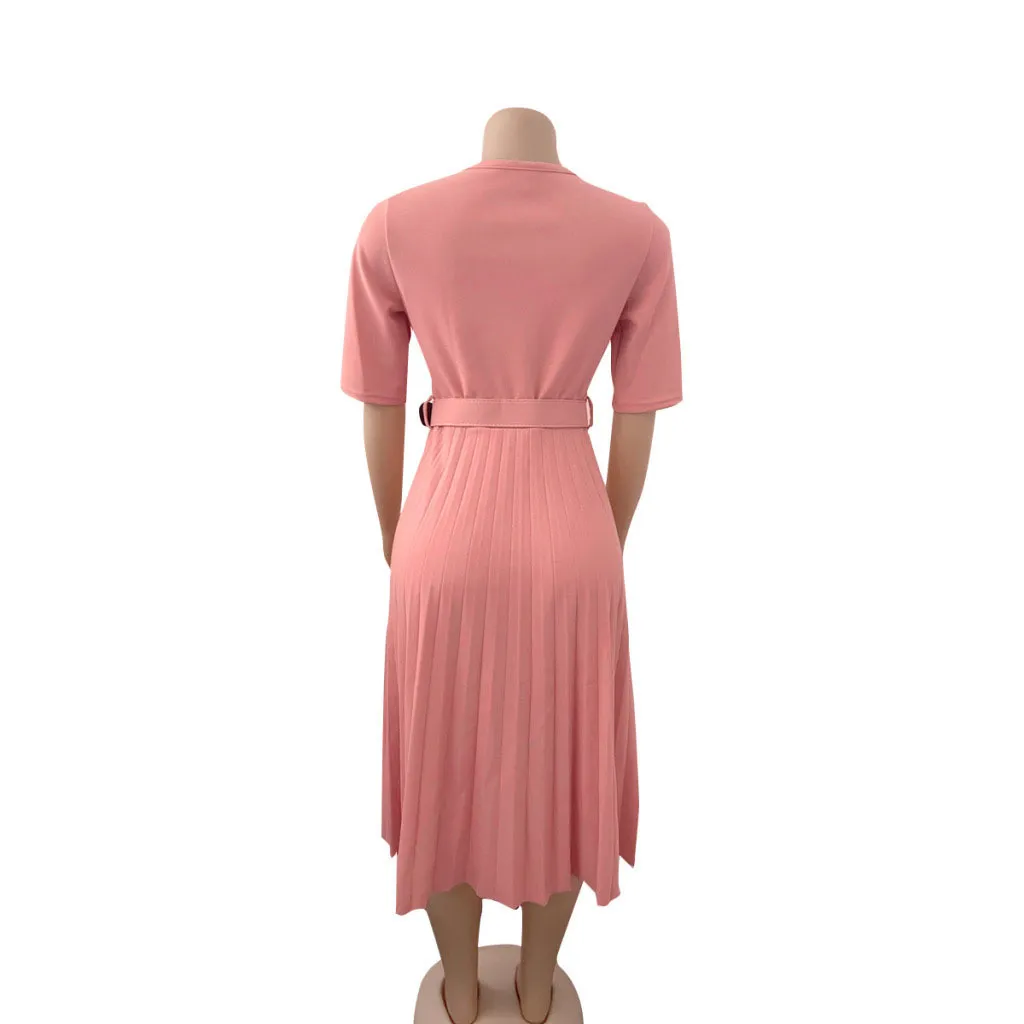 Femmes robes plissées O cou manches courtes une ligne élastique été élégant chic modeste femme mode africaine Vestidos 210416