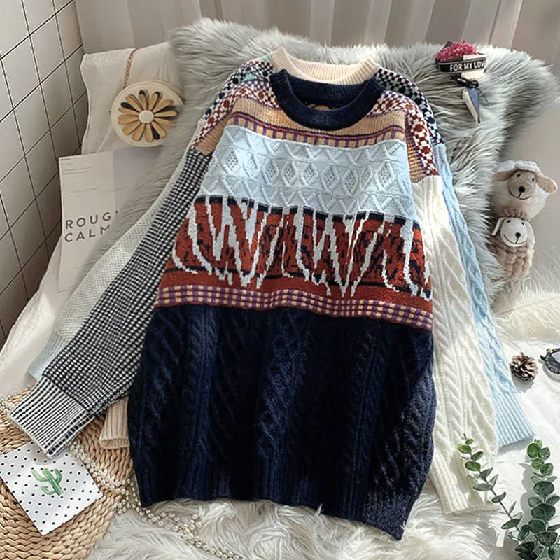 H.SA Women CASUAL Vintage Retro Argyle Jumpers Pull Femme Korean Oversized Sweater Winter Tops 210417