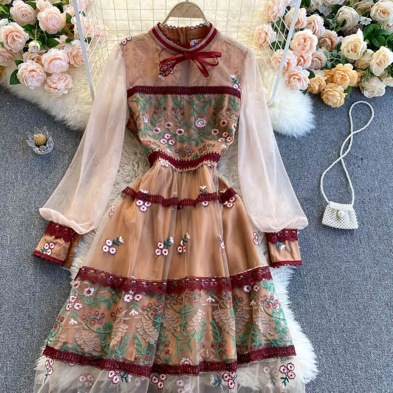 SINGREINY High Quality Mesh Embroidery Flower Dress Women French Puff Sleeve A-line Dresses Spring Chic Streetwear Midi Dress 210419