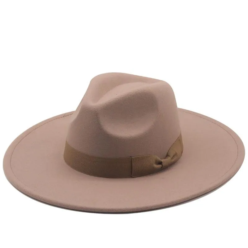 Breda randen hattar enkla brittiska stil män kvinnor vinter bow ull fedoras cap 9 5 cm stor bröllop jazz214x