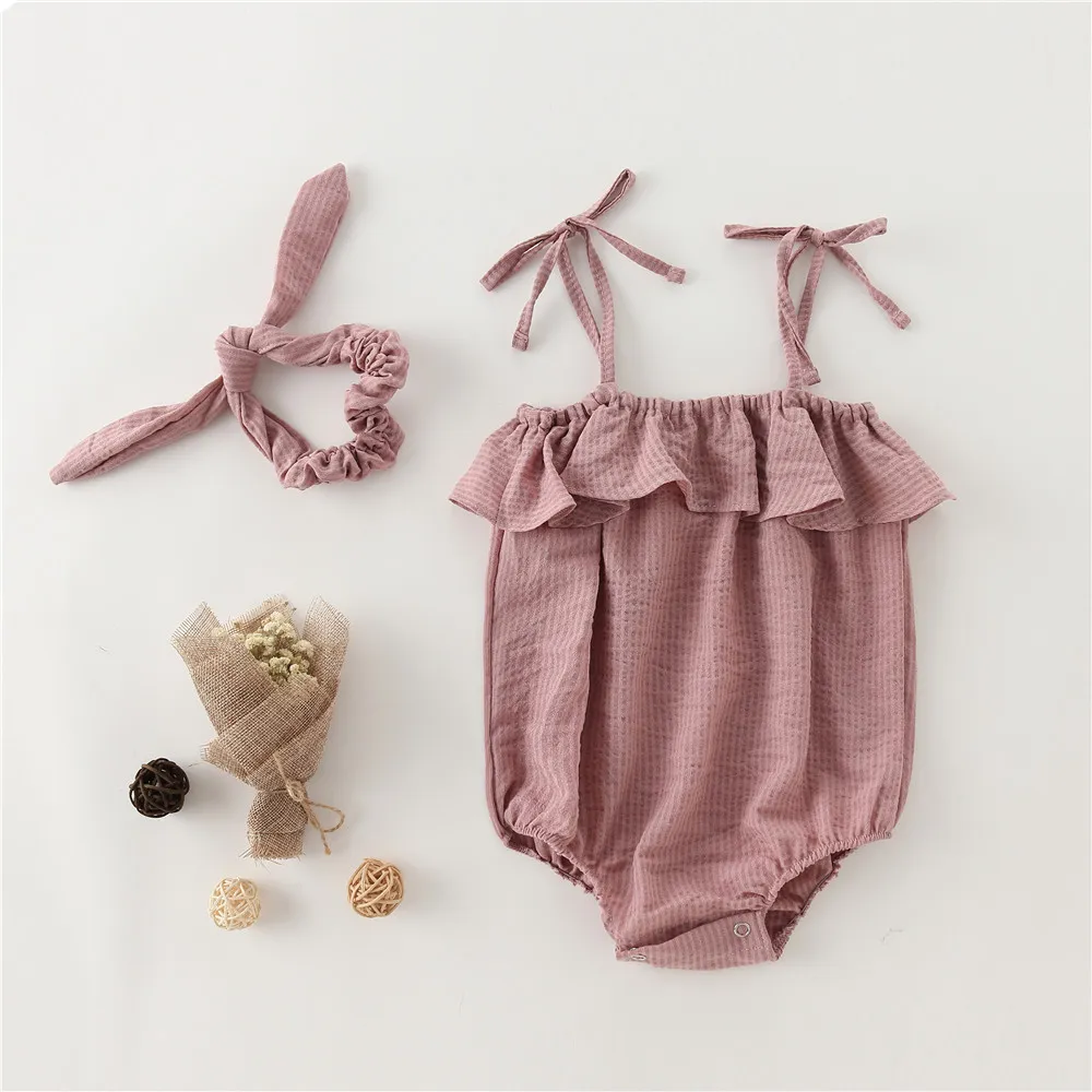 Summer 0-2 years baby girls thin soft ruffled slip romper with hair band all-match casual floral jumpsuit 210508